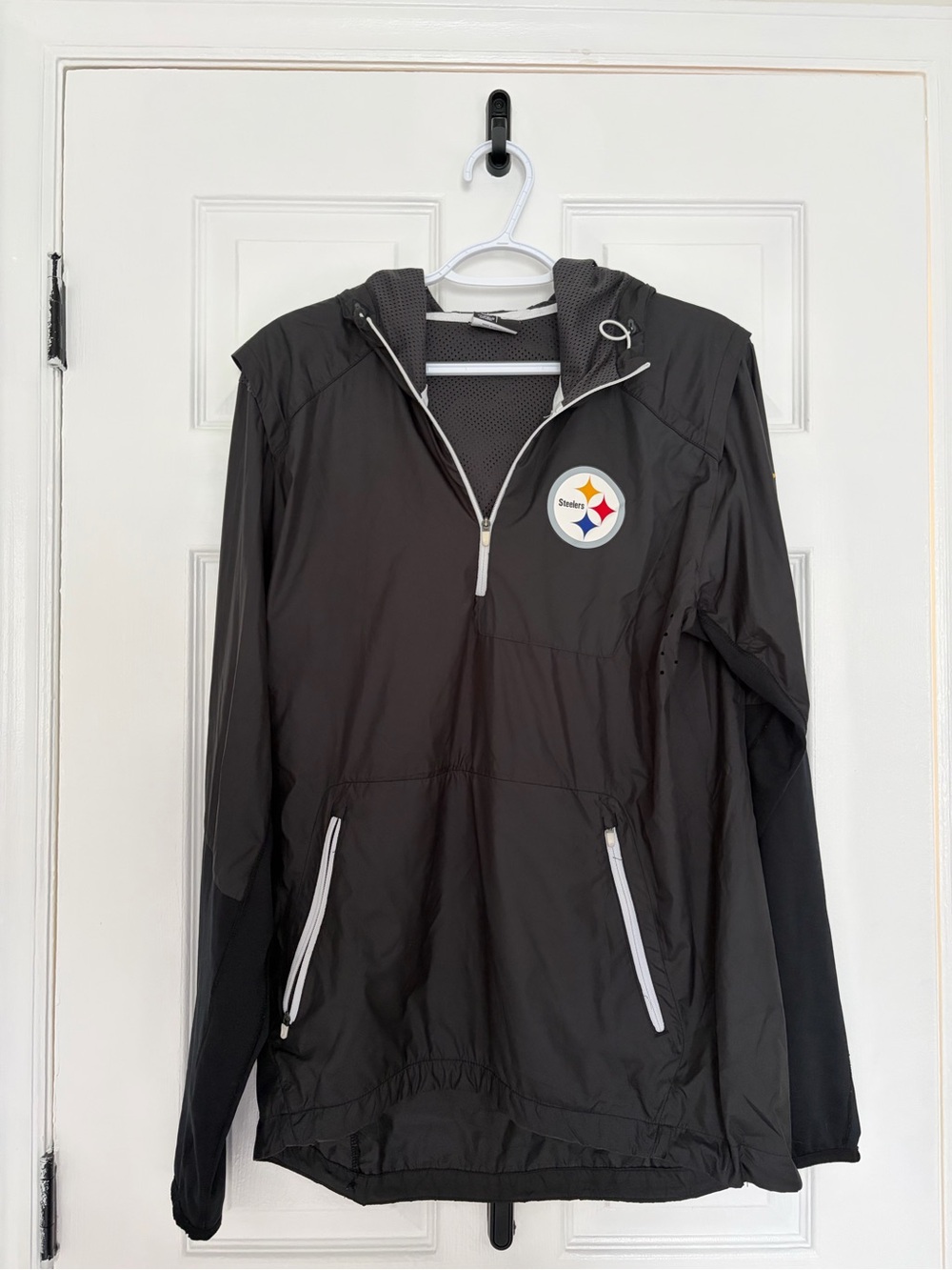 Nike Black Hooded Raincoat with White Trim - Pittsburgh Steelers Logo